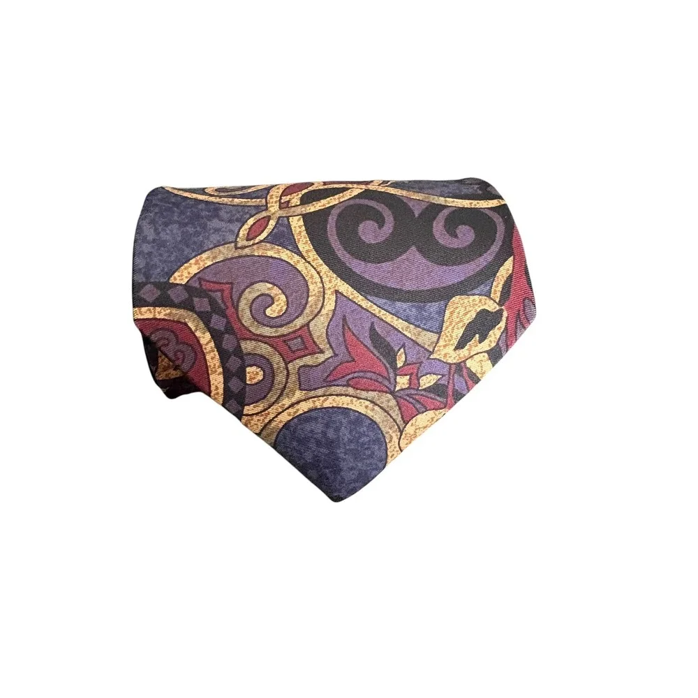 Vintage IZOD 100%‎ Silk Tie Floral Baroque Navy Purple Burgundy Gold USA